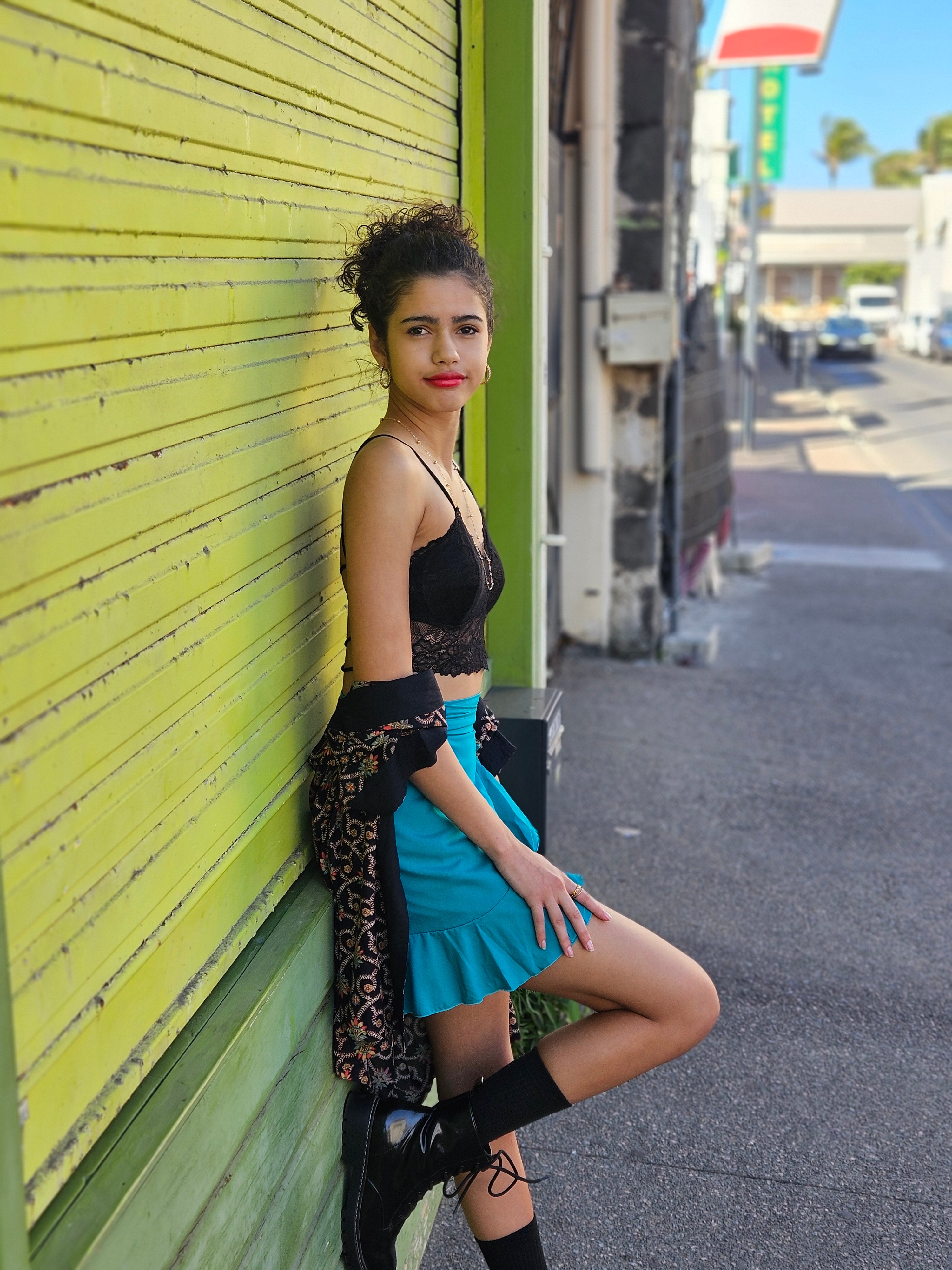 Jupe courte porte-feuille turquoise 974,île de la Réunion