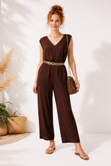 Combinaison pantalon fluide femme en tissu naturel – manches oversize